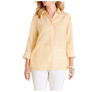 Chico's No Iron Linen Yellow Maze Loop Back Button-Up Tunic Size XL 16/18